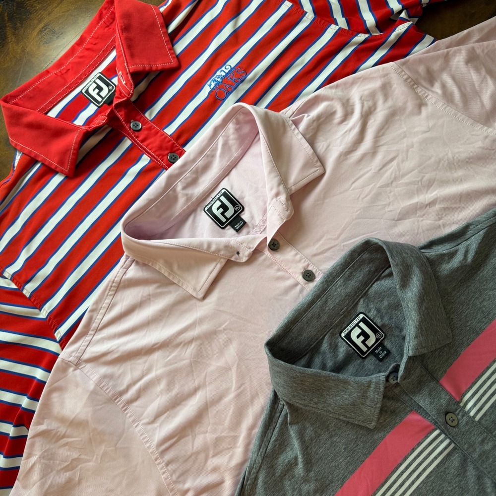 FootJoy Mens XL Golf Polo Shirt Lot 3 Athletic Fit Striped Pink Grey Modelo Oak